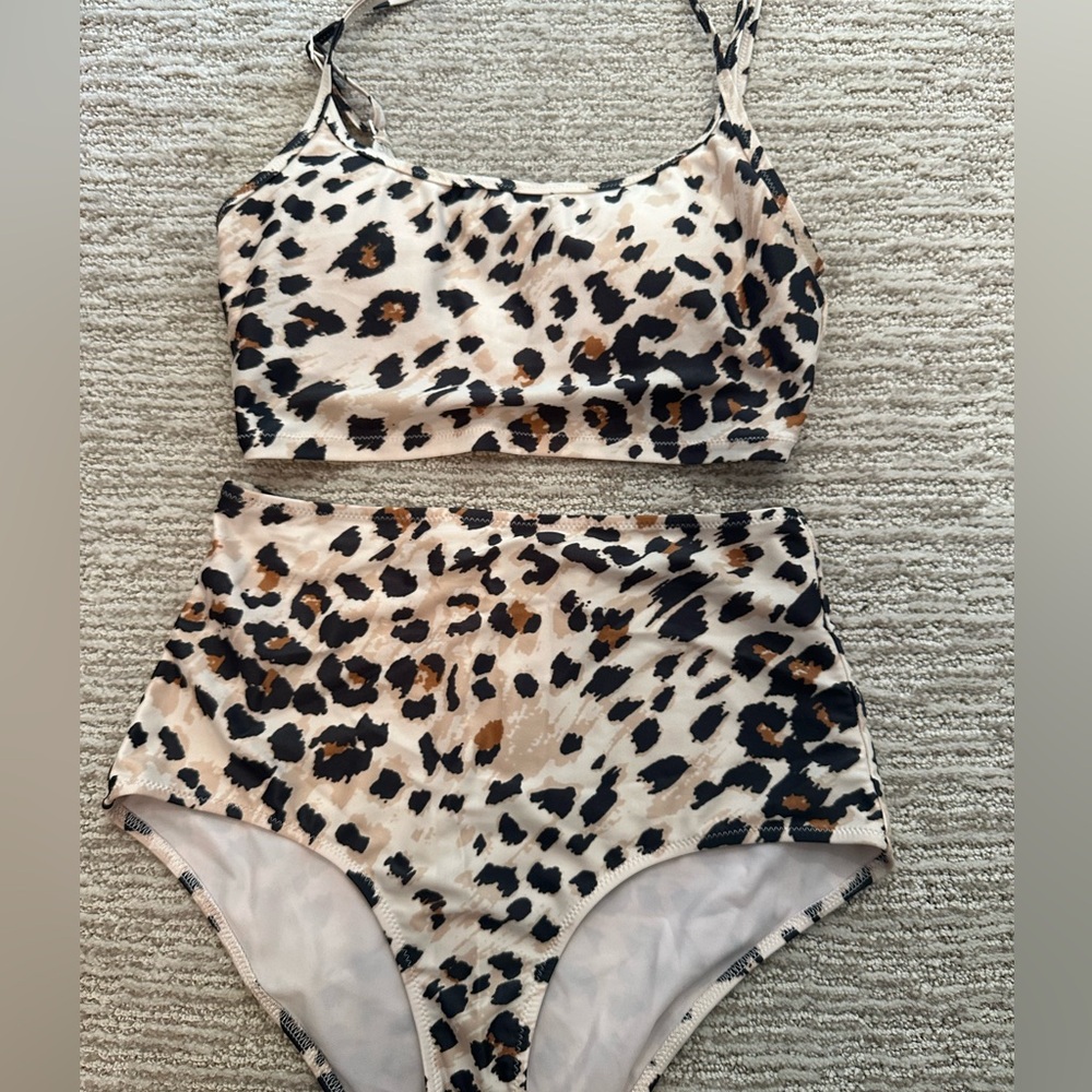 aerie Leopard Print High-Waist Bikini Set in Black, Cream, Brown